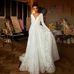 Stunningbride 2024 Elegant Satin A Line Wedding Dresses For Women Sexy V Neck Full Sleeve Plus Size Covered Buttons Bride Simple White Bridal Gowns