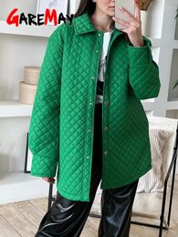 Women's Trench Coats Autumn Light Winter Parka Thin Green Long Sleeve Button Oversize Elegant Khaki Cotton Quilt Jacket Women Warm Turn Down