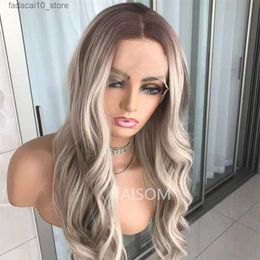 Synthetic Wigs Highlight Ash Blonde Lace Front Wigs Body Wave Lace Frontal Synthetic Wig Glueless Long Wavy Synthetic Lace Wig for Women Q240115