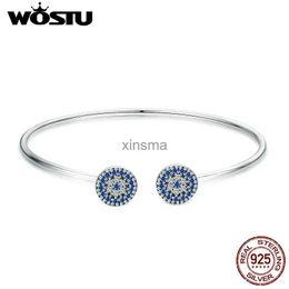 Chain WOSTU Genuine 925 Sterling Silver Lucky Blue Eyes Blue CZ Open Cuff Bangle Bracelet For Women Luxury Silver Jewelry CQB058 YQ240115