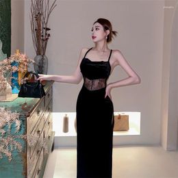 Casual Dresses Sexy Backless Cross Long Maxi Dress Black Lace Mesh Voile Velvet Strap Slim Split Party Club