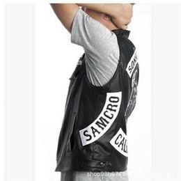 2019 New Fashion Sons Of Anarchy Embroidery Leather Rock Punk Vest Cosplay Costume Black Color Motorcycle Sleeveless Jacket Y0913283K