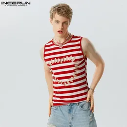 Men's Tank Tops INCERUN Men Striped Hollow Out O-neck Sleeveless Fashion Male Vests Streetwear Summer 2024 Sexy Clothing S-5XL