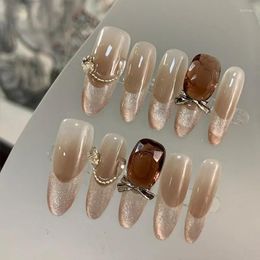 False Nails 10pcs Removeable Toffee Brown French Artificial With Cat Eyes Designs Winter Style Almond Press On Long