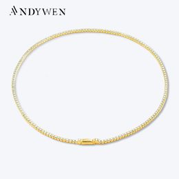 ANDYWEN 925 Sterling Silver Gold 2mm Tennis Chain Choker Necklace Long Chain 37.5cm Women Party Wedding Fine Jewellery 240115