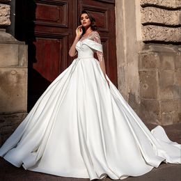 Alonlivn clássico vestido de baile de cetim vestido de casamento com miçangas bordados vestidos de noiva de renda