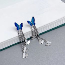 Dangle Earrings Original 925 Silver Blue Butterfly Chain Long Tassel For Women With Vintage National Style Exquisite Earings Jewellery