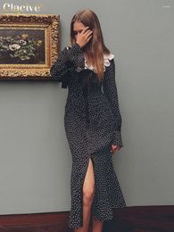 Casual Dresses Clacive Fashion Slim Print Dress Ladies Elegant Ruffle Collar Long Sleeve Single Breasted Ankle Length For Women 2024