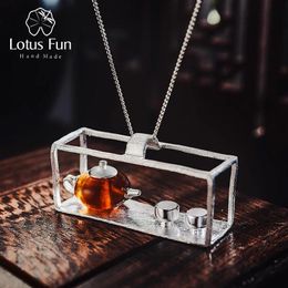 Necklaces Lotus Fun Real Sterling Sier Handmade Fine Jewellery Natural Amber Original Teapot Design Pendant Without Necklace for Women