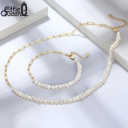 EFFIE QUEEN 14K Gold Natural Freshwater Pearl Choker Necklace for Women 925 Silver Paper Clip Link Chain Necklacs Jewellery GPN13240115