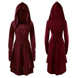 S-5XL Lady Hooded Dress Middle Ages Renaissance Halloween Archer Cosplay Costumes Vintage Medieval Bandage Party Vestido227o