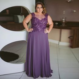 Elegant Purple Chiffon Mother of The Bride Dresses Lace Appliques Top Sleeveless Plus Size Groom Mom Formal Party Gowns Floor Length Wedding Guest Dress