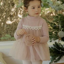 Girl Dresses Children Clothing Girls Princess Sweet Casual T Shirt Dress 2024 Winter Korean Style Fleece Half High Neck Lace Mini Skirt