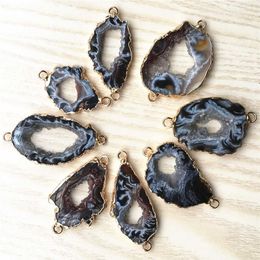 Natural Black Agates Slice Pendants Connectors Irregular Raw Agates Druzy Natural Stones Pendants For DIY Jewellery Making 5PCS G0922659