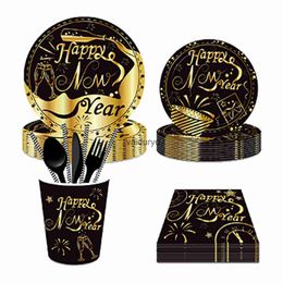 Disposable Dinnerware Happy New Year Party Disposable Tableware Cutlery Sets Cheers 2024 New Year's Day Party Cups Plates Paper Napkins Decor Suppliesvaiduryd