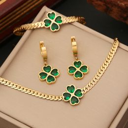 18K Gold Stainless Steel Chunky Flat Clover Necklace Earring and Bracelet Statement Emerald Jewellery Set for Women