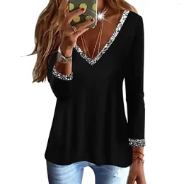 Women's T Shirts Spring And Autumn Top Fashion Casual Loose Sequins V-Neck Glitter Printed Long Sleeve T-Shirt Female