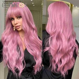 Synthetic Wigs Element Long Natural Wavy Pink Hair Wigs with Bangs for Women Synthetic Cosplay Party Daily Use Heat Resistant Q240115