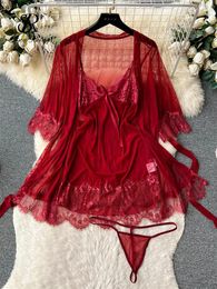 Casual Dresses SINGREINY Women Sexy Lace Nightwear Suits Transparent Short Dress Mesh Cardigans Thongs 2024 Sheer Erotic Porn Nightdress