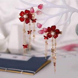 Headbands 1pair Chinese Hanfu Hair Accessories Red Flower Hairpins Vintage Dress Headwear Long Butterfly Tassels Hair Clip Noiva Jewelry