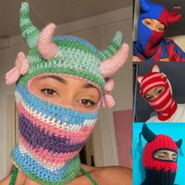 Berets Halloween Balaclava Cap Knit Beanie Hat Unique Horn Party Holiday Headwear