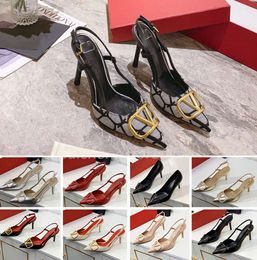Luxury Brand High Heel Sandals Women Summer Designer Pointed Shoes Classics Gold-V Metal Buckle 4cm 6cm 8cm 10cm Thin Heels Red Wedding with 34-44 b53