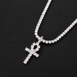 Iced Out CZ Key of Life Egypt Cross Pendant Necklace 4mm Tennis Chain SGold Silver for Men Hiphop Jewelry301k