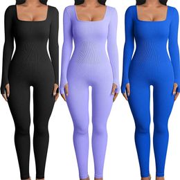 Women Skinny Jumpsuit Solid Color Ribbed Knit Long Sleeve Square Neck Bodycon Jumpsuit Romper Work Out Sport Yoga Playsuits 240115