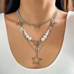 Choker Layered Chain With Stars Pendant Necklace For Women Trendy Imitation Pearl Collar On Neck 2024 Fashion Jewelry Female Girls Gift