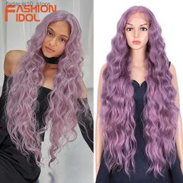 Synthetic Wigs FASHION IDOL 13X6 Lace Front Wigs For Women 36 Inch Heat Resistant Fibre Body Wave Baby Hair Wigs Purple Synthetic Wigs Cosplay Q240115