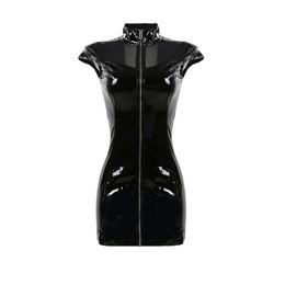 Sexy Nighty High Collar PVC Latex Faux Leather Fetish Gothic Zipper Woman Mini Lace Up Clubwear Black Pencil Dress292O