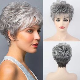 Fashion short gradient white wig women's wig head set fluffy curly hair synthetic wig head cover240115