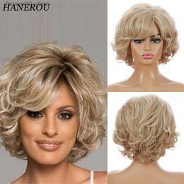 Synthetic Wigs Mixed Blonde Wig Short Fluffy Curly Synthetic Wigs for White Women Daily Party Fake Hair Wigs with Bangs Natural Looking Q240115