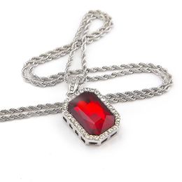 Hip Hop Men Silver Plated Box Chain 24inch 4 5 2 5cm Blue White Green Black Red Ruby Necklace Pendant231Q