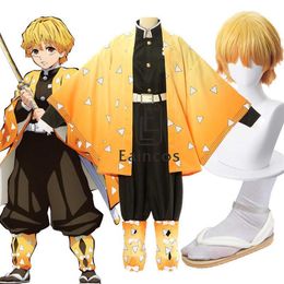 Anime Demon Slayer Kimetsu No Yaiba Agatsuma Zenitsu Uniform Cosplay Costume Kimono Cloak Wig Y0903225Q