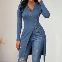 Women's Blouses Zipper V-Neck Long Sleeve Waist Strap Top Mid-Length Ribbed Women Blouse Solid Color Split Hem Knitting Pullover Streetwear