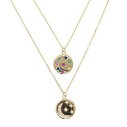 round disco coin necklace gold plated engraved white rainbow cz moon star shooting star design fashion necklaces316m