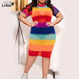 Basic Casual Dresses Spring Summer Clothes for Women Sexy Perspective Round Neck Rainbow Striped Printing Short Sleeve Club Plus Size Midi Dresses YQ240115