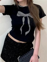 Women's T Shirts Women Short Sleeve T-shirt Bowknot Rhinestone Crew Neck Basic Spring Fall Fashion Gothic Casual Tops