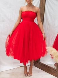 Casual Dresses Women Strapless Tulle Dress Off Shoulder Lace Mesh A Line Swing Midi Cocktail Party Tutu Prom Gown