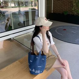 Evening Bags Denim Bucket Bag Korean Style Shopping Letter Printed Trend All-match Shoulder Summer Ideal For Casual Handbag