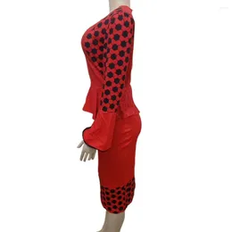 Casual Dresses Nipped-in Waist Dress Digital Print Round Neck Midi With High Long Horn Sleeves For Women Color Matching Sheath Knee