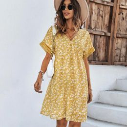 Party Dresses Floral Print Hollow Out Lace Loose Dress Women Casual V-neck Butterfly Sleeve Mini Summer Holiday Beach Female