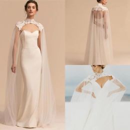 Jackets 2019 Newest Bridal Wraps Tulle Long High Neck Wedding Cape Lace Jacket Bolero Wrap White Ivory Women Bridal Accessories covered bu