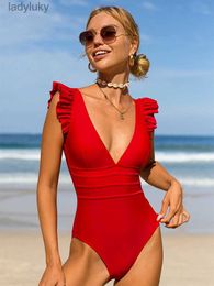 Swim Wear Peachtan Solid Swimwear 2023 New V Neck Bikini Red One Piece Swimsuit Women Swimming Suit Ruffle Swimwear Backless Bathing SuitL240115