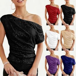 Women's Blouses One Shoulder Sequin Glitter Top Pleated Asymmetric Slim Fit Party Long Sleeve Shirt And Shirts Women