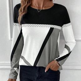 Women's Blouses Lady Spring T-shirt Geometric Print Patchwork Blouse For Fall Soft Breathable Round Neck Long Sleeve Top