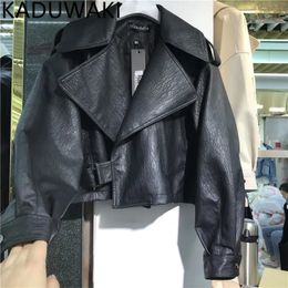 Vintage Casual Streetwear Women Leather Jacket Turn Down Collar Long Sleeve Loose Autumn Winter Coat Korean Style Chic Tops 240115