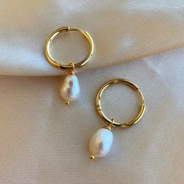 Dangle Earrings Handmade Minimalist 18k Gold Plated Baroque Freshwater Pearl Hoop Bridesmaids Jewellery