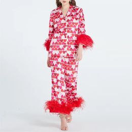 Satin Loungewear Women Set y2k Valentines Day Clothes Heart Print Feather Trim Long Sleeve Shirt and Pants Sleepwear 240115